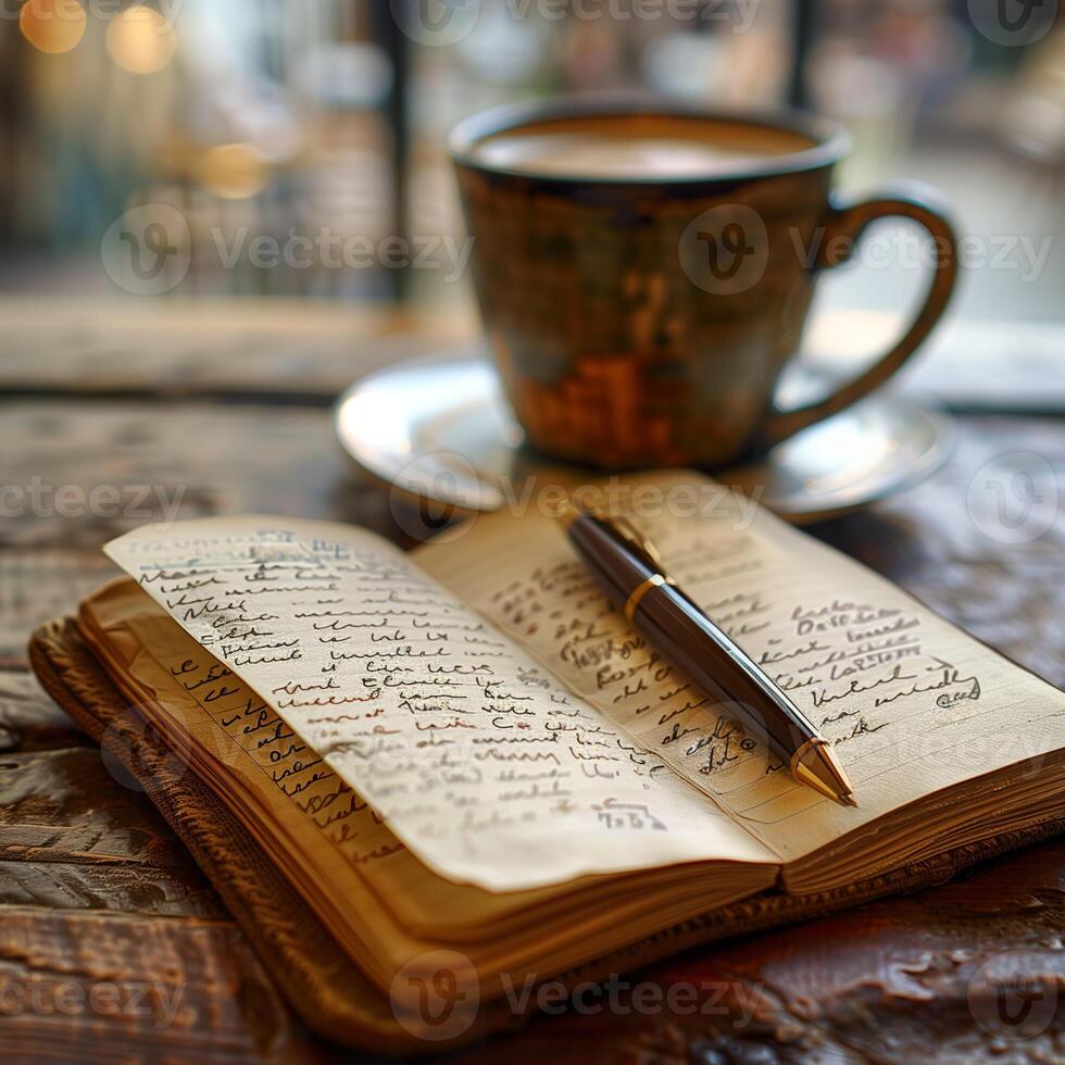 A steaming cup of coffee beside an open diary with handwritten notes. photo