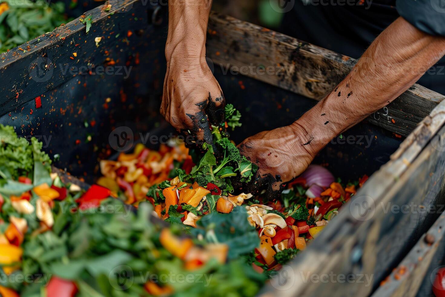 Close-up hands actively turning kitchen scraps into compost within a rustic bin. photo