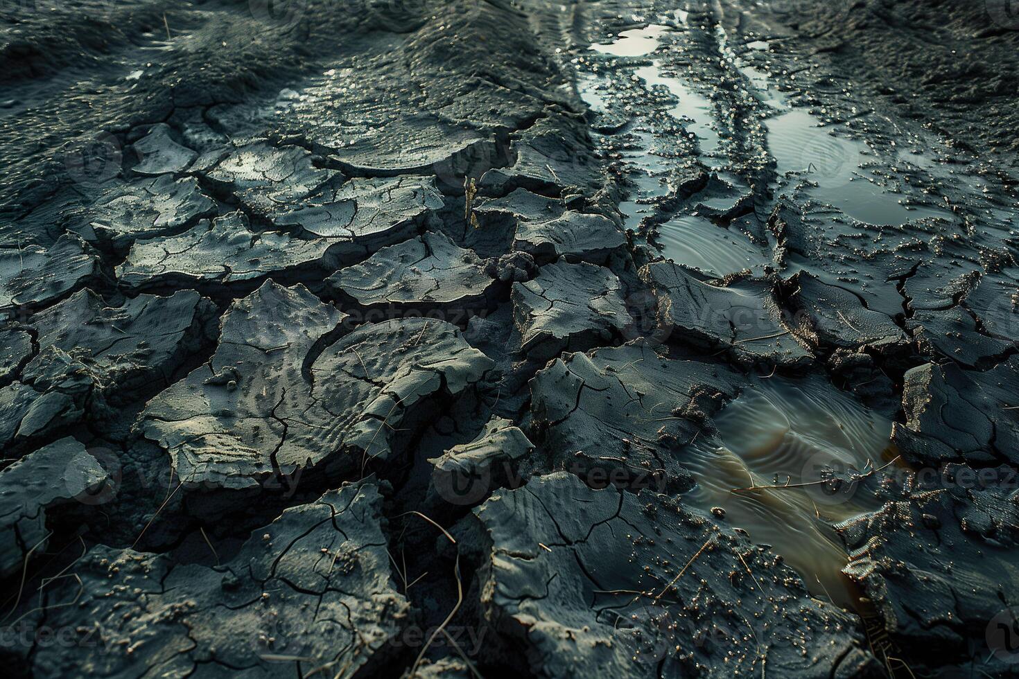 Cracked mud with traces of water pathways in boiling earth scenario. photo