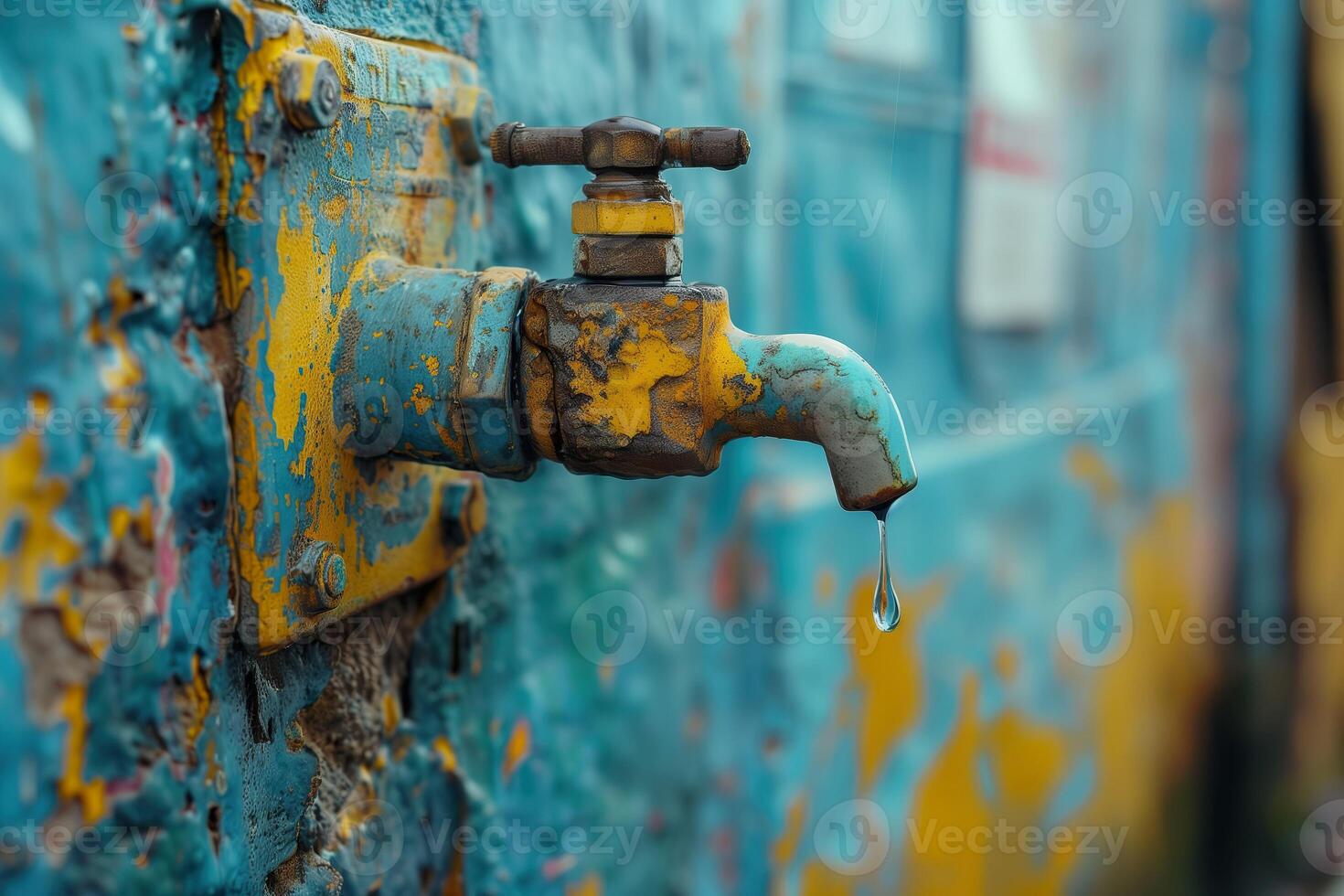 Rusty industrial tap with a single water drop. photo