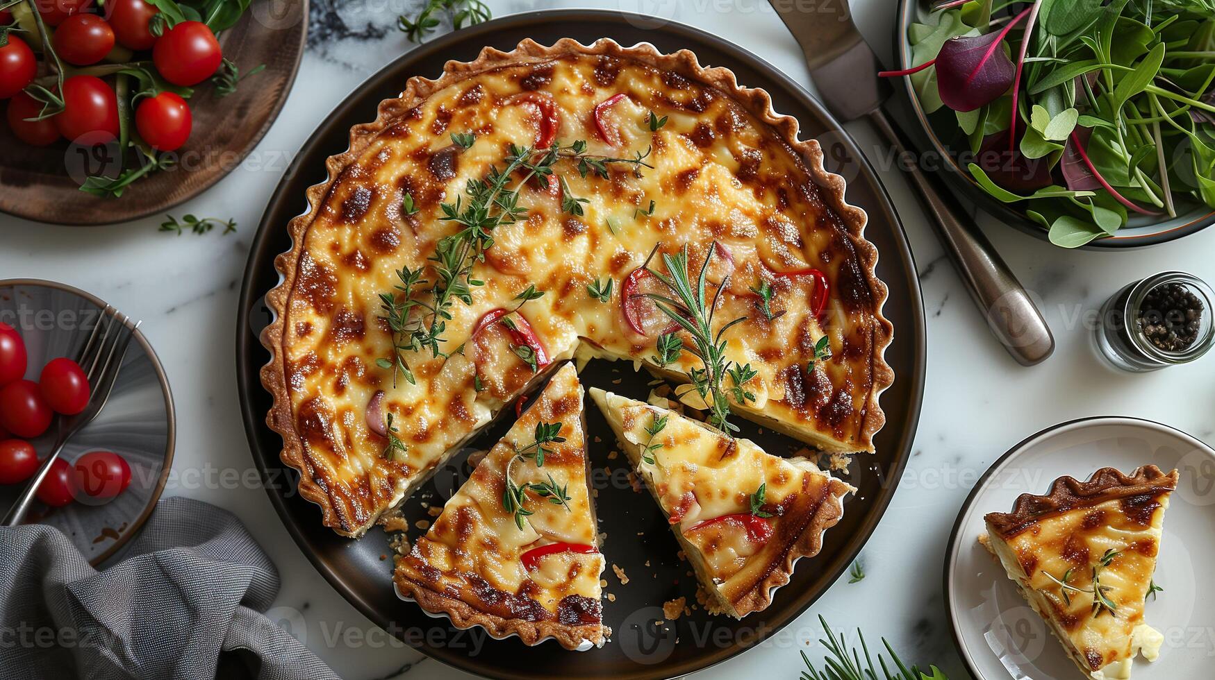 Top view of classic quiche lorraine. photo