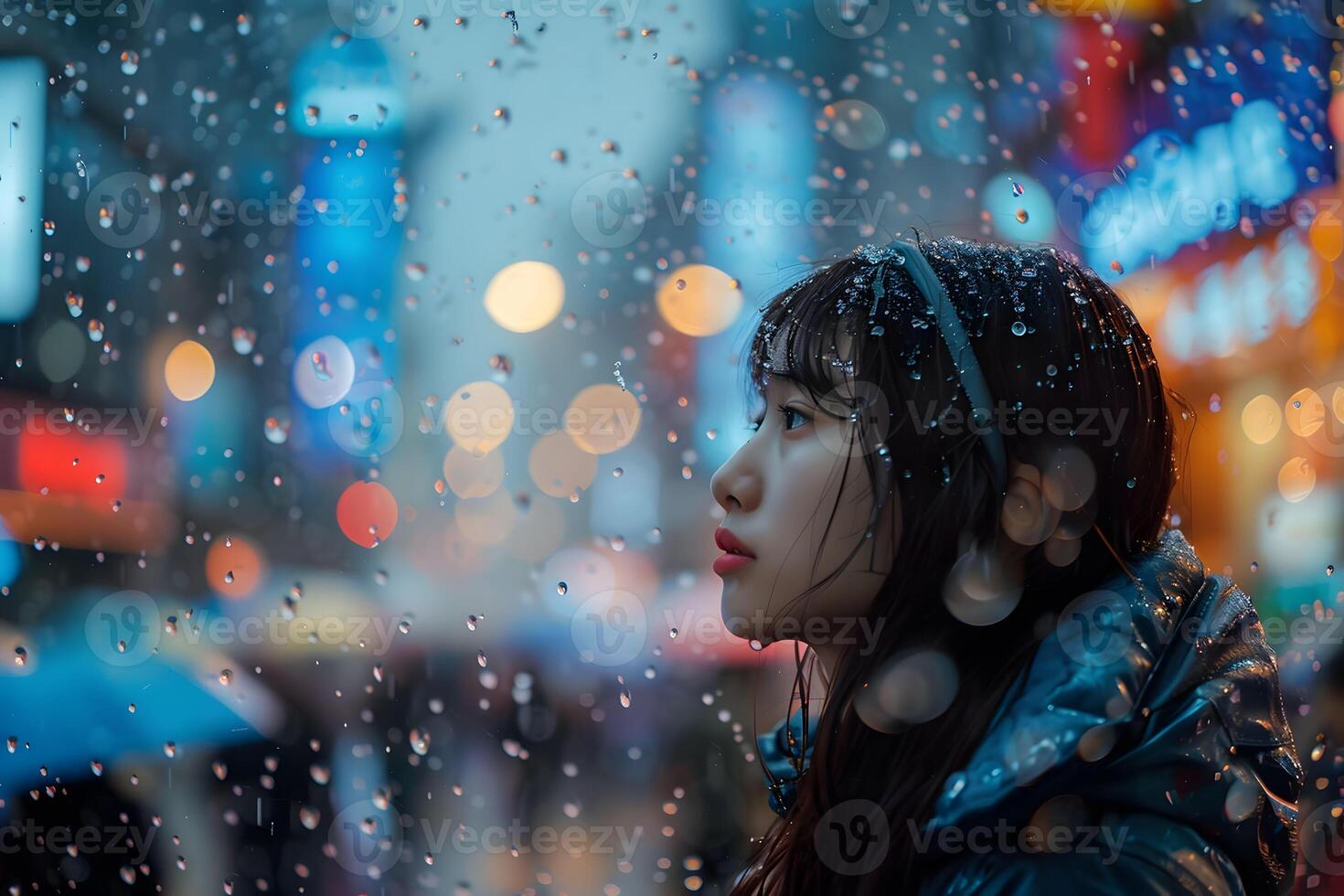 Pensive Woman in Rainy Cityscape at Night photo