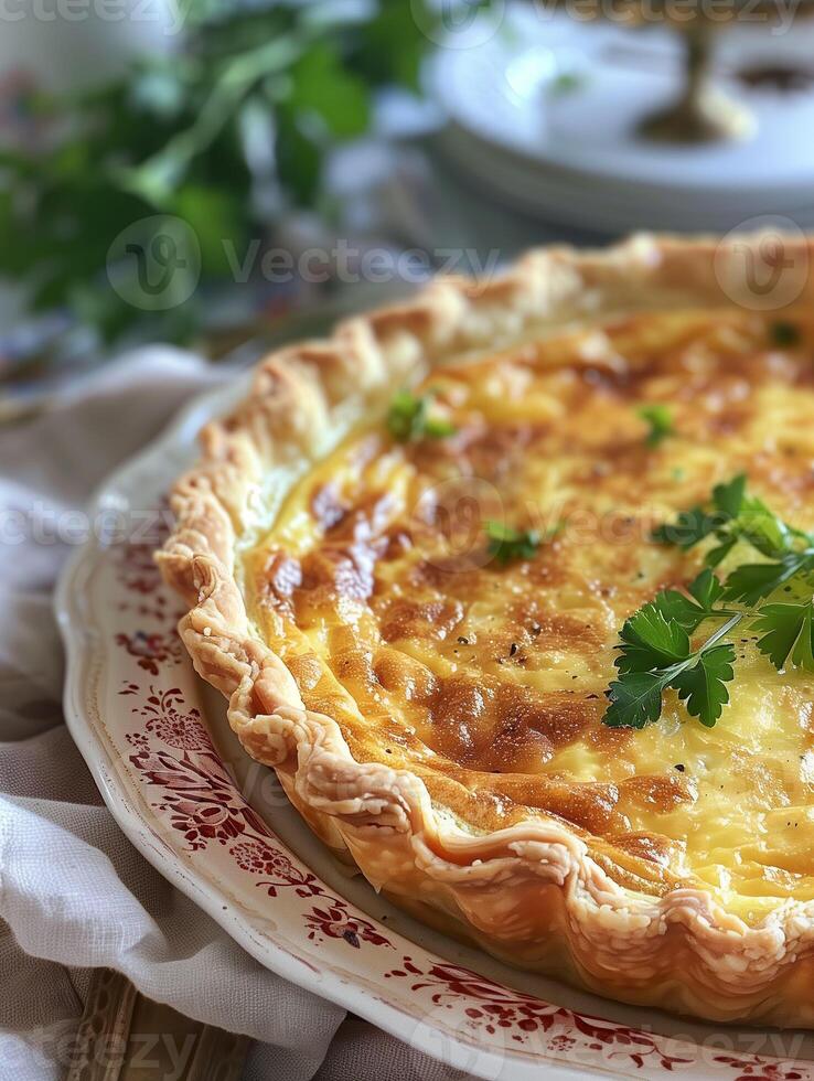Classic Quiche Lorraine in vintage setting. photo