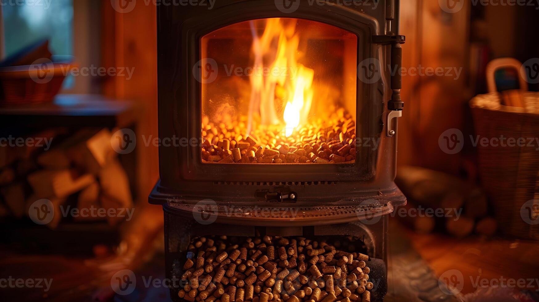 A warm pellet stove fire in a cozy, rustic room. photo