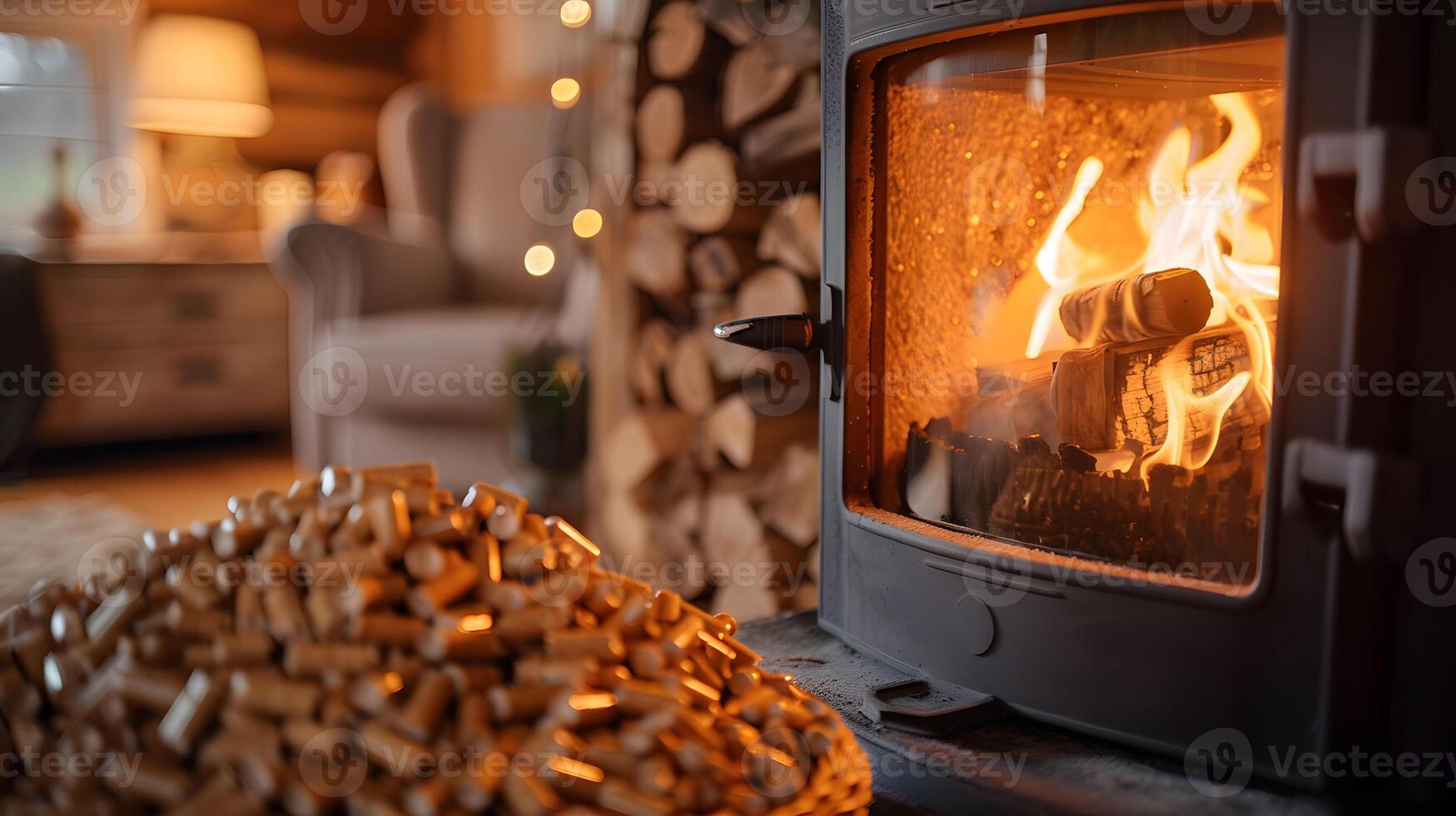 A pellet stove with bright, dancing flames and a stack of firewood. photo