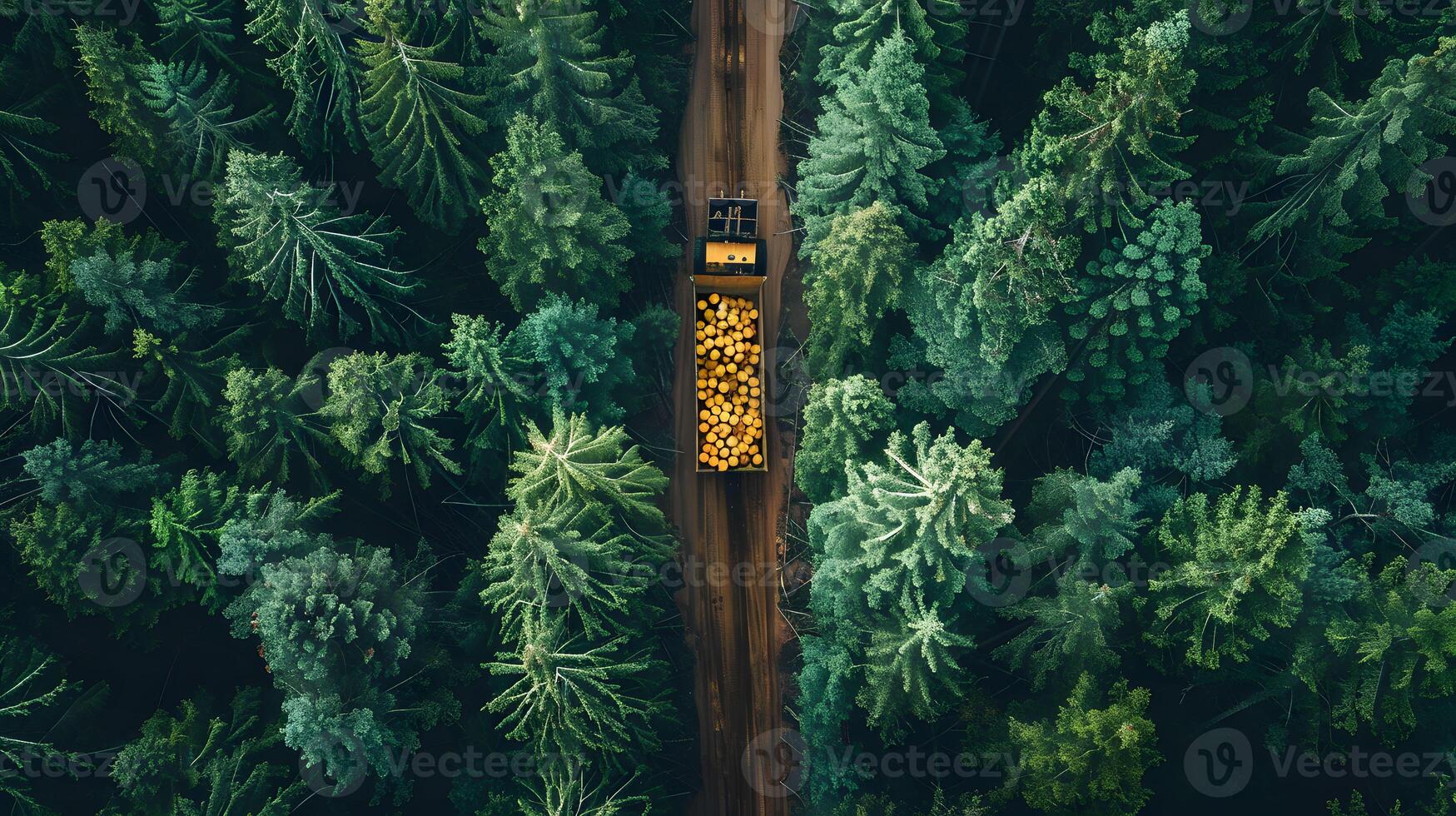 Aerial view of a logging truck transporting freshly cut timber through a dense forest canopy. photo