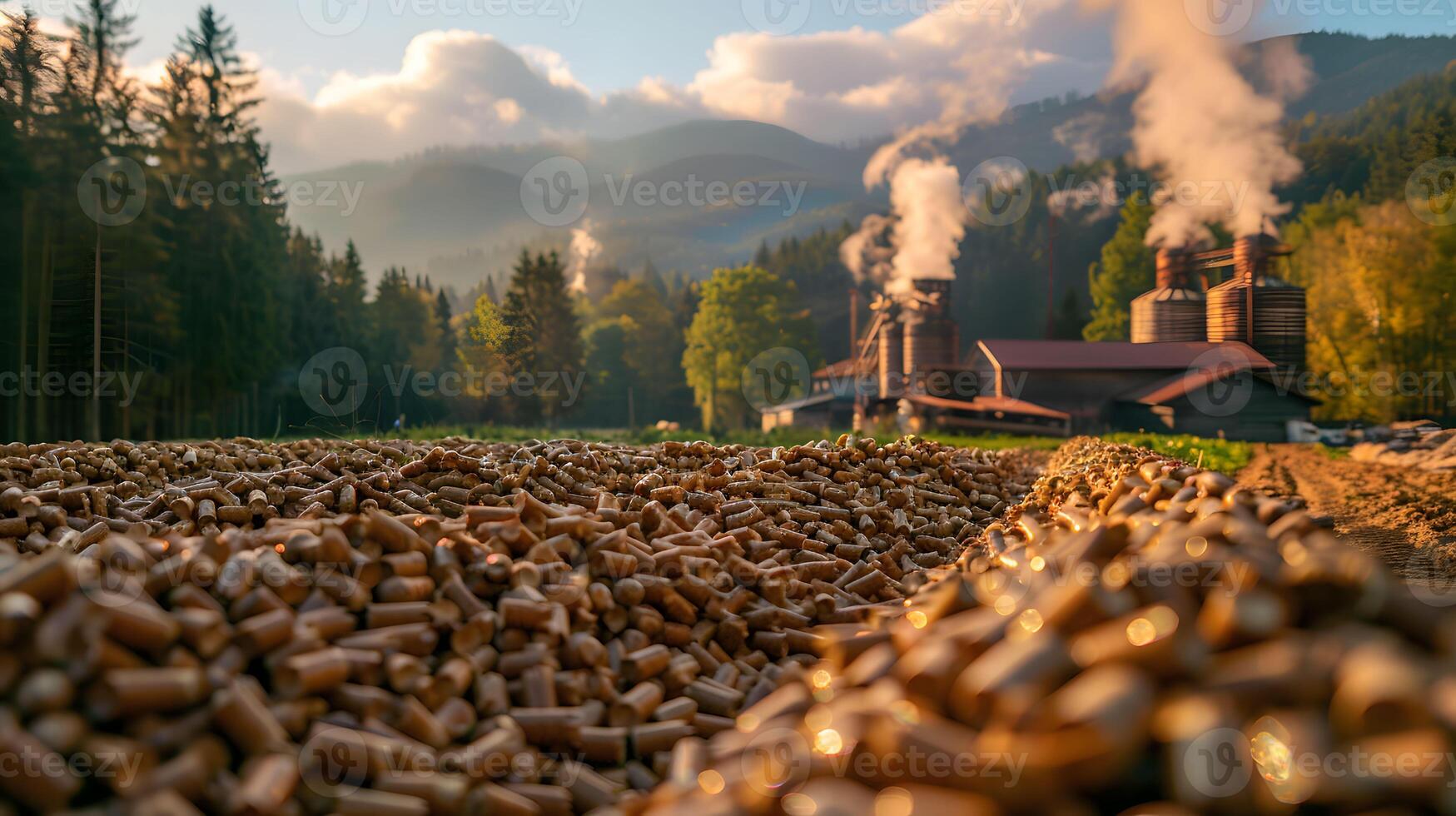 A wood pellet manufacturing plant set against a backdrop of misty mountains and dense forests. photo