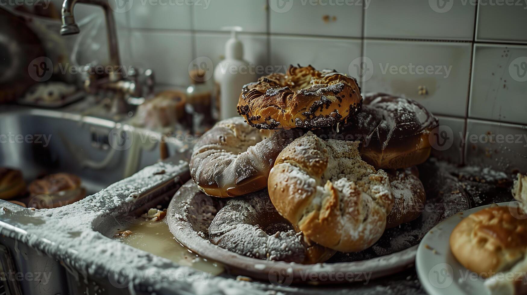 Close-up view captures a kitchen sink piled with expired bread and pastries, their mold and staleness highlighting the issue of food neglect and waste. photo