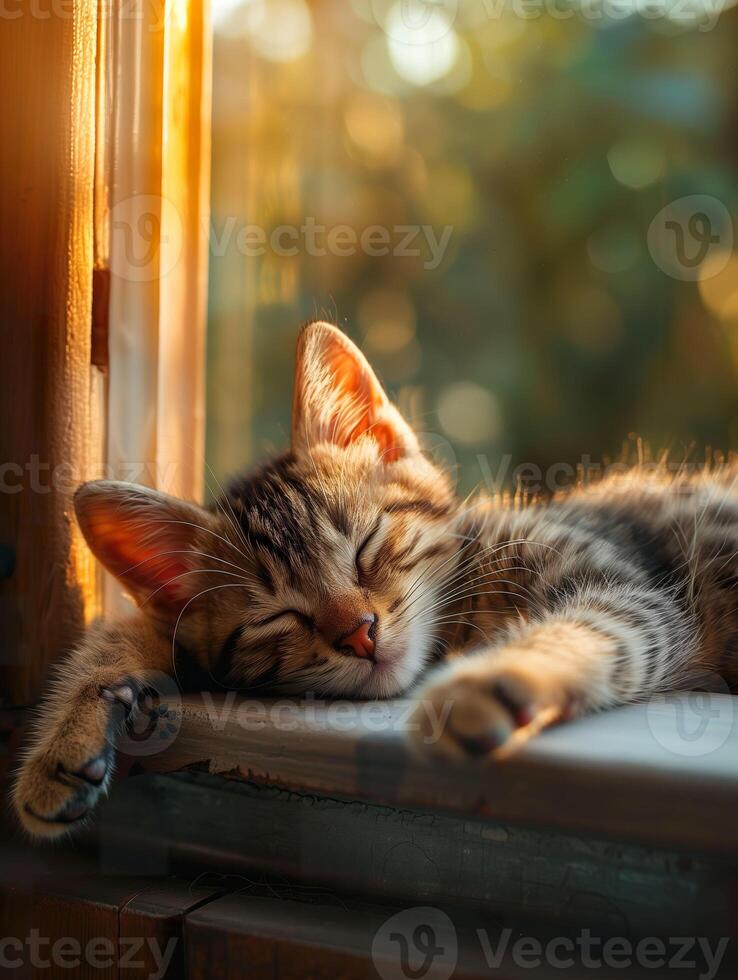 A young kitten enjoys a peaceful nap in the soft light of a sun-drenched room. photo