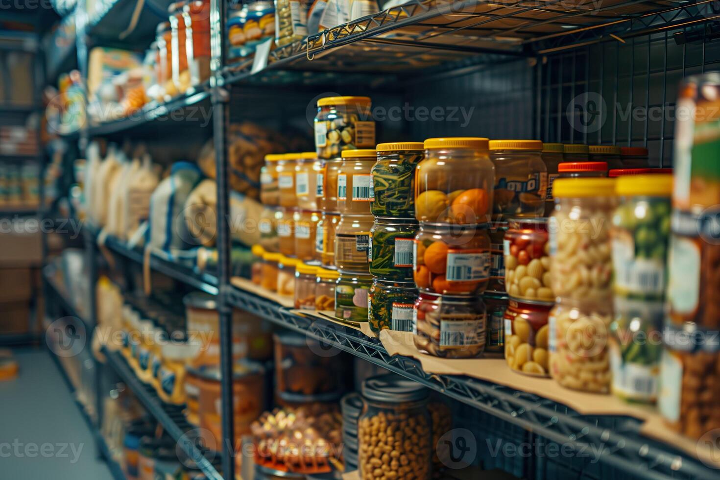Shelves stocked with an array of preserved goods, from pickles to jams. photo