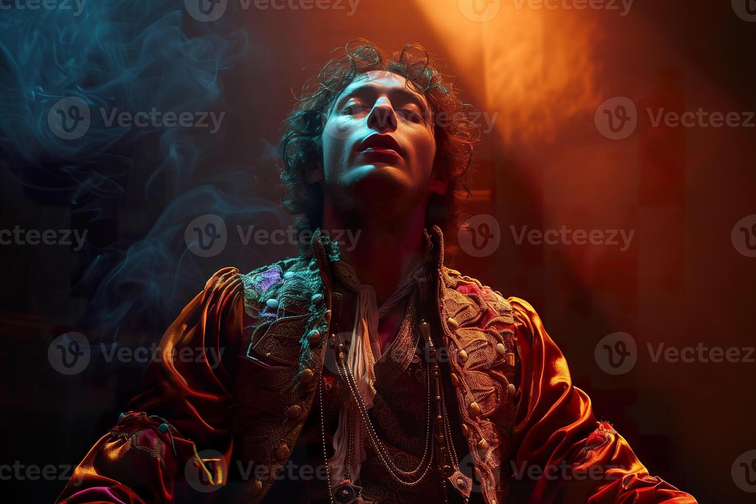 A dramatic portrayal of a man in ornate period costume, illuminated by a beam of light. photo