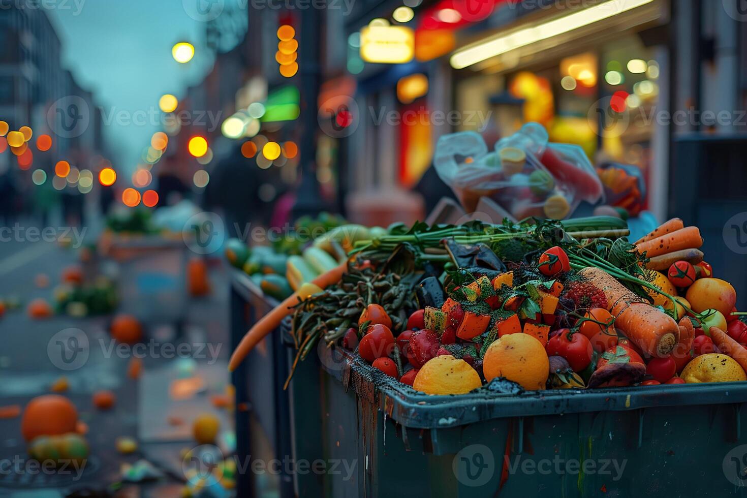 Food waste, an overflowing garbage bin filled with discarded meals and produce outside a restaurant. photo