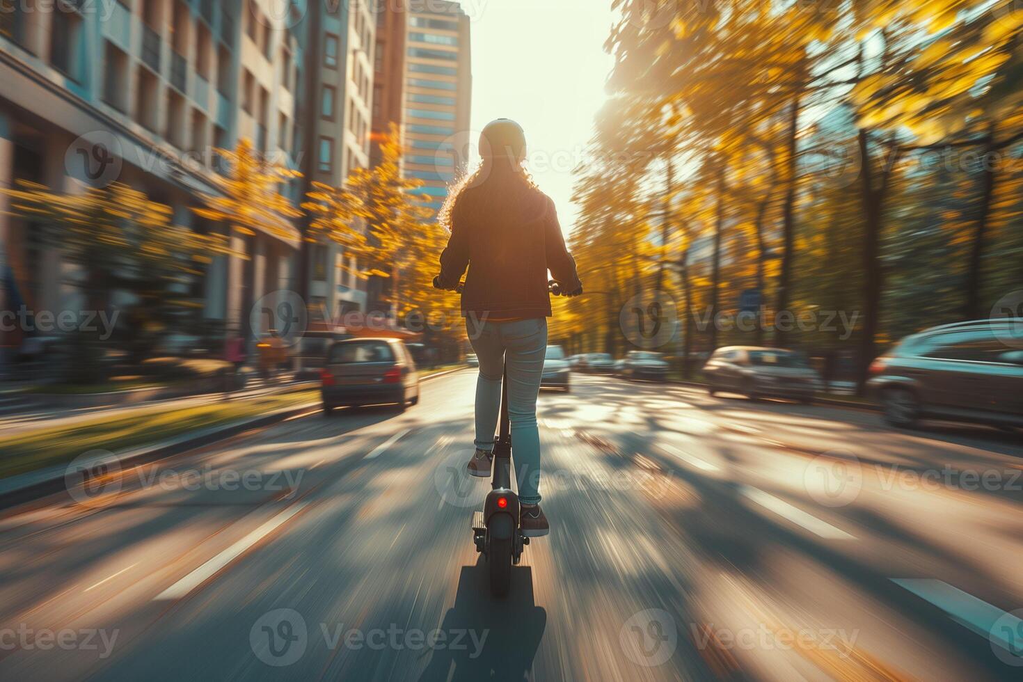 A young person riding an electric scooter amidst the vibrant colors of autumn foliage. photo