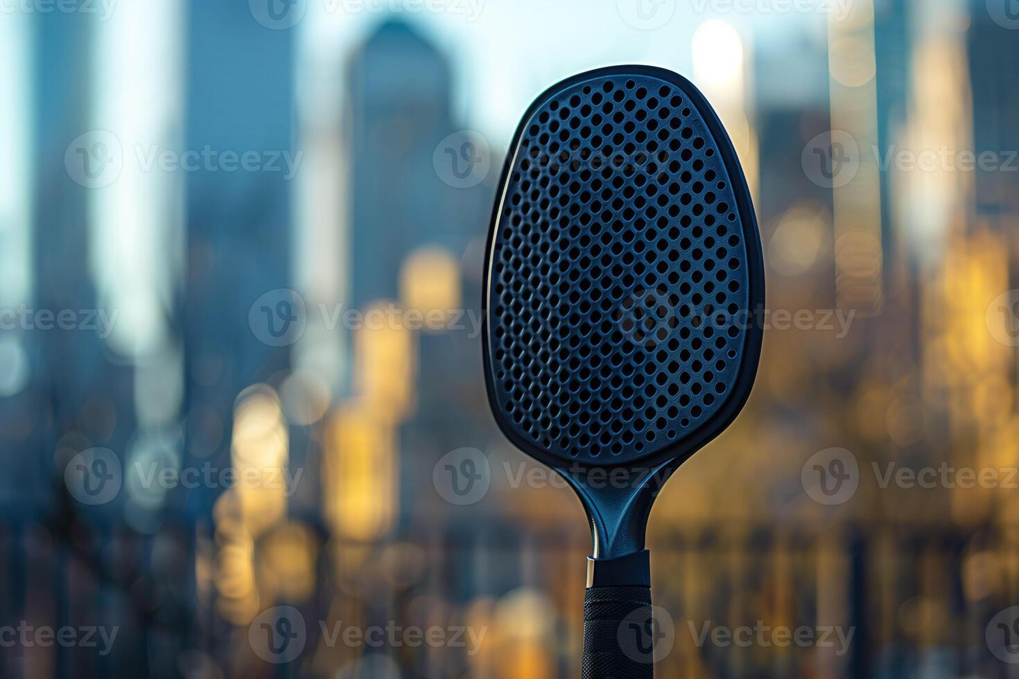 A detailed shot of a pickleball racket against the blurred cityscape at dusk. photo