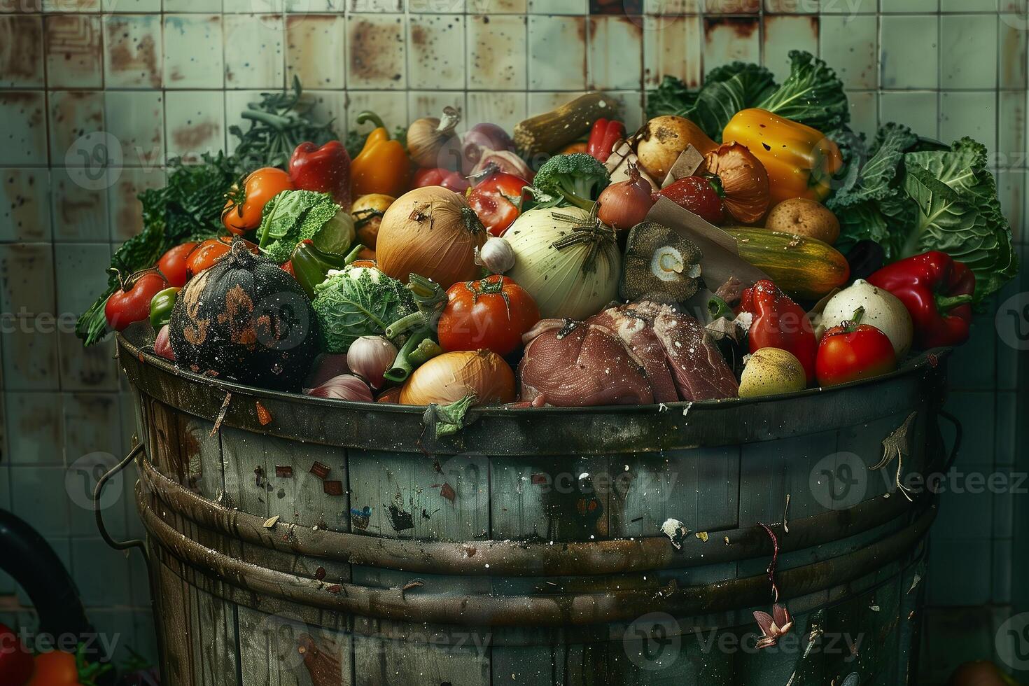 Close-up of a garbage bin in a kitchen, overflowing with various types of expired food. photo