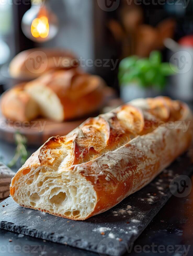 Freshly baked baguette on rustic kitchen table. photo