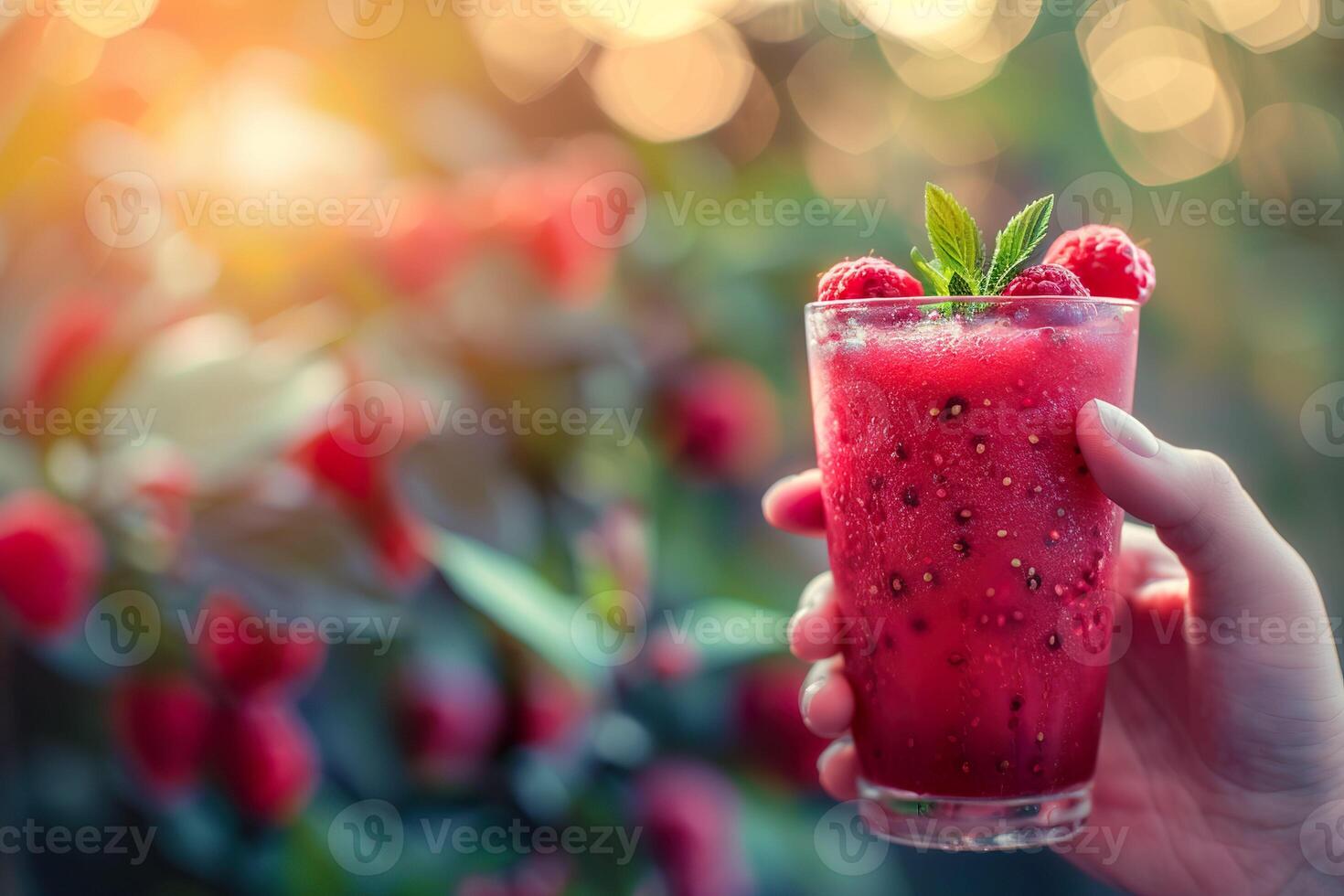 Hand holding a refreshing strawberry smoothie garnished with fresh mint leaves. photo