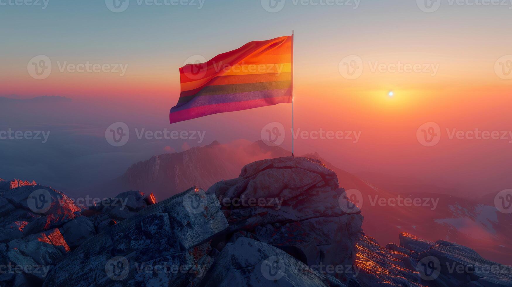 A Pride flag waving boldly atop a mountain summit. photo