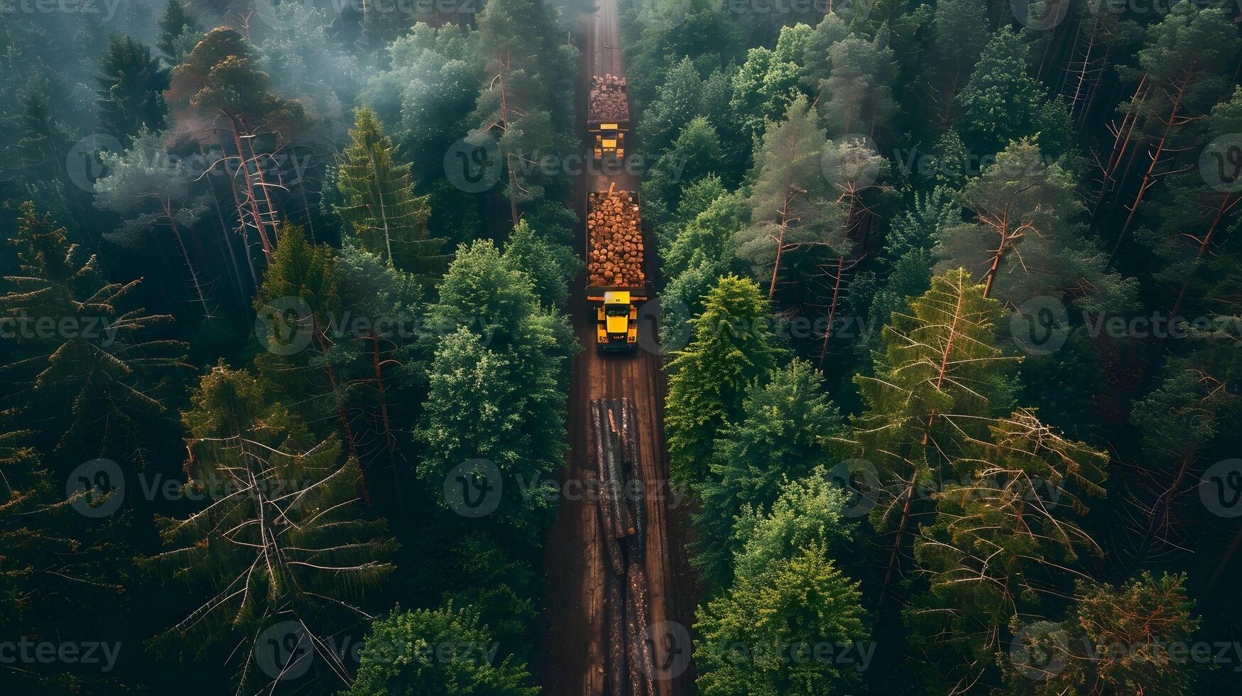 Aerial view of logging trucks transporting timber through a dense, misty forest. photo