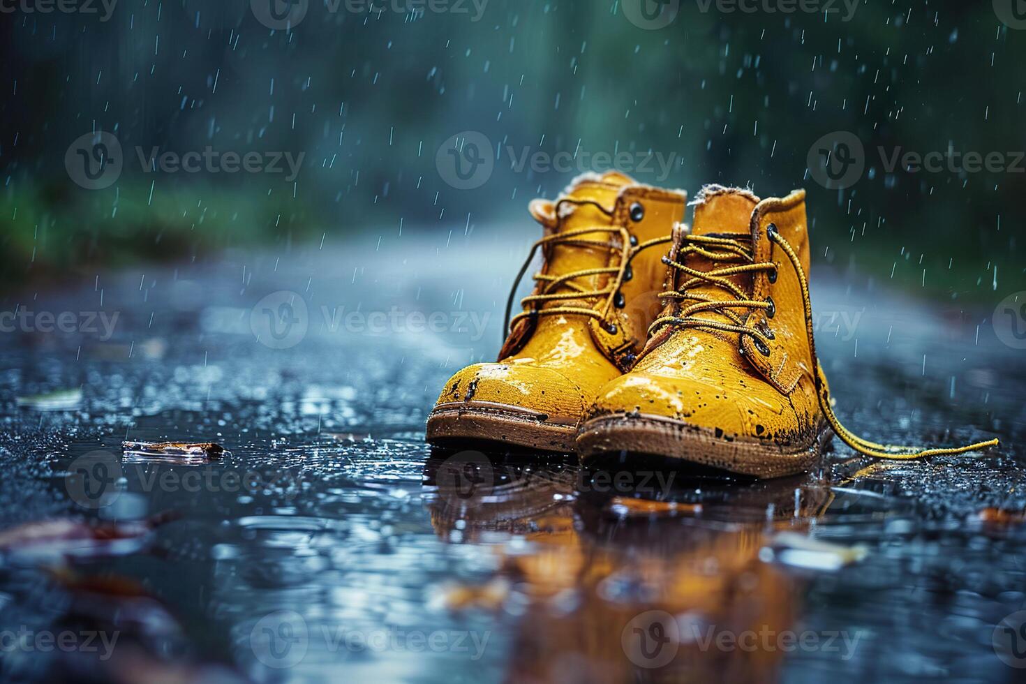 Yellow boots standing on a wet path during a rain shower. photo