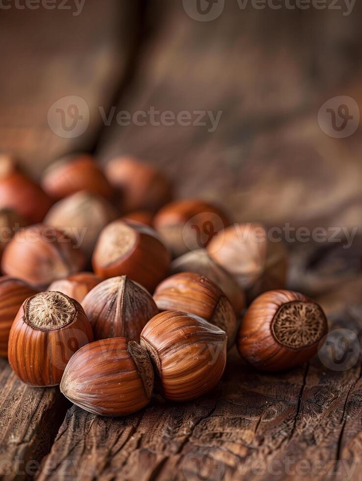 Hazelnuts on wooden surface photo