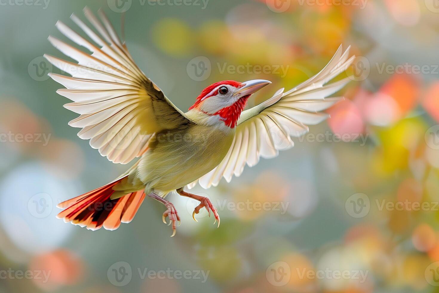 Common Green Magpie flying against blurred background. photo