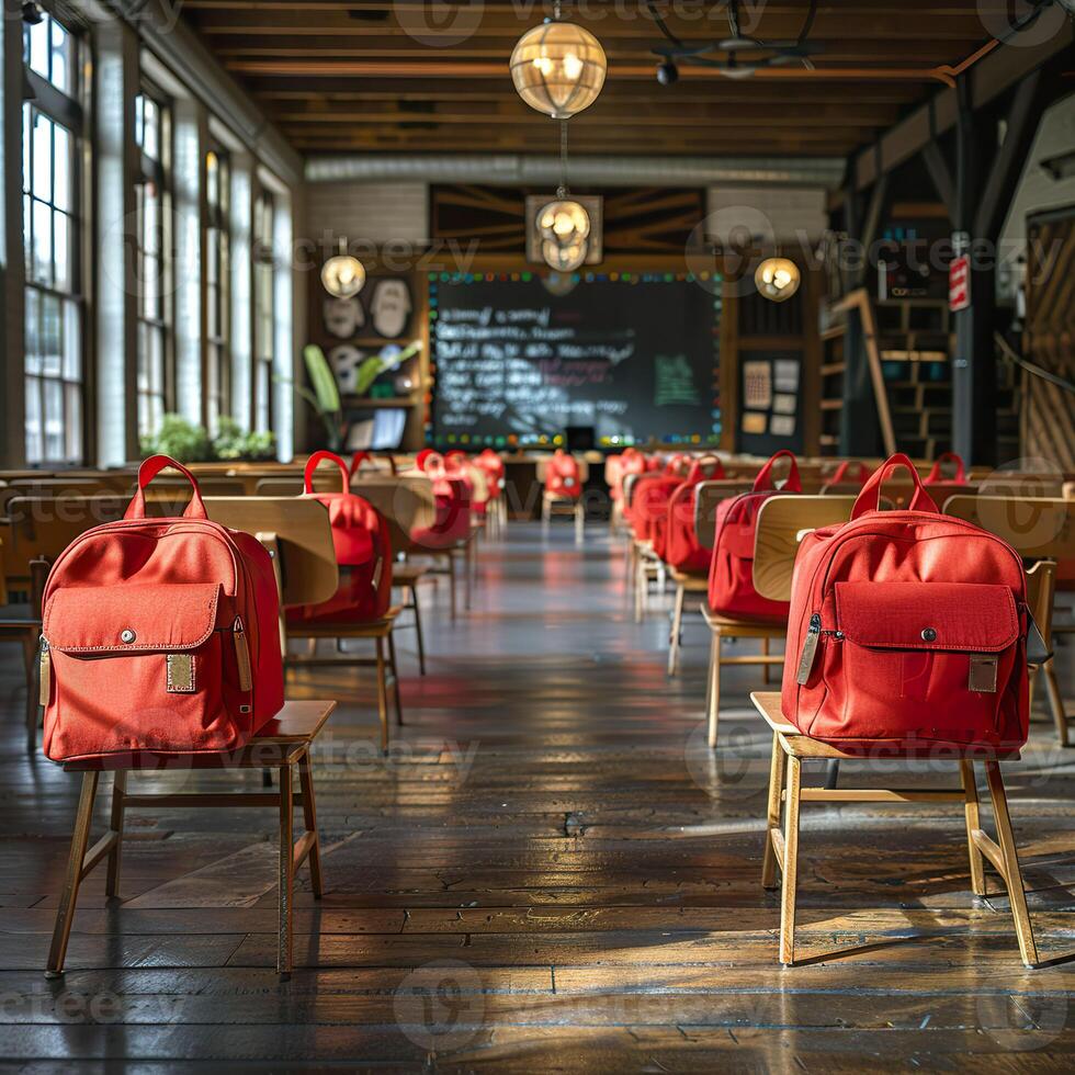 Red backpacks neatly arranged on school desks in an empty, sunlit classroom with a chalkboard in the background. photo