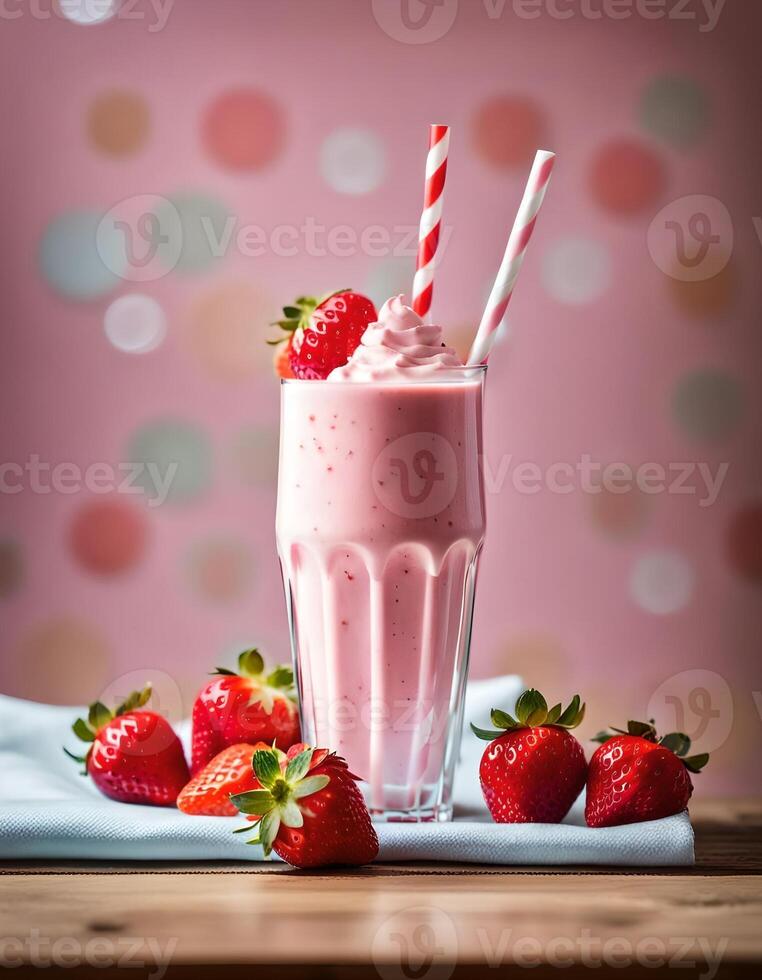 Delicious Strawberry Juice Smoothie in a Glass with a Straw photo