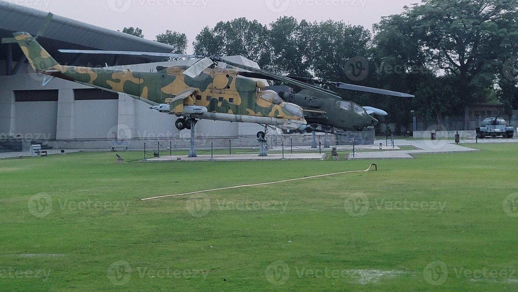Army equipment using in war are placed in public park for kids in Lahore, Pakistan on May 15, 2024. photo