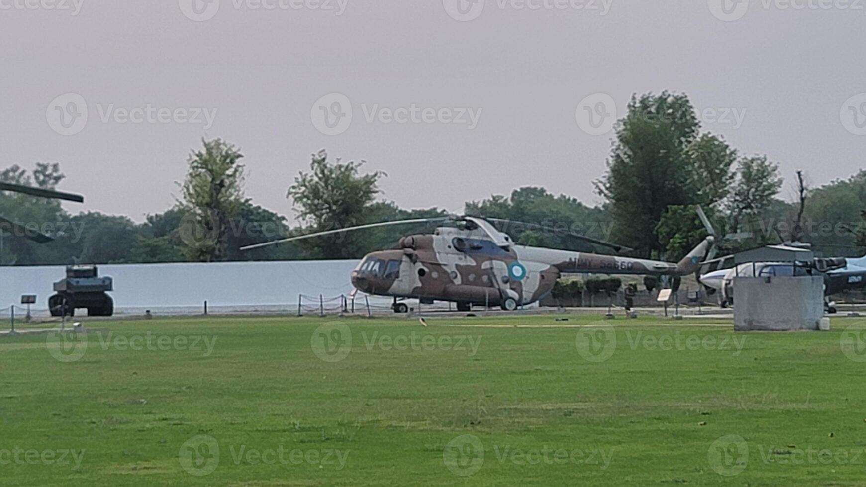 Army equipment using in war are placed in public park for kids in Lahore, Pakistan on May 15, 2024. photo