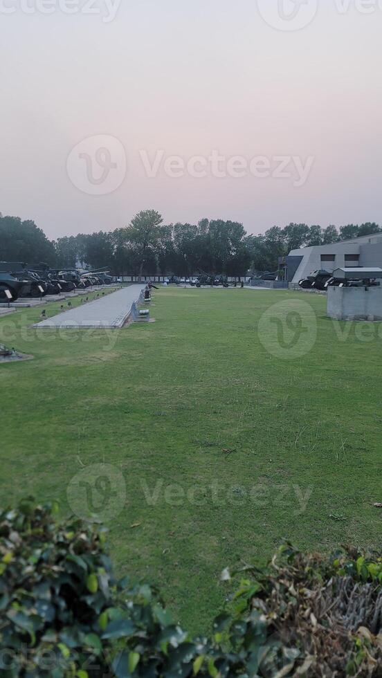 Army equipment using in war are placed in public park for kids in Lahore, Pakistan on May 15, 2024. photo