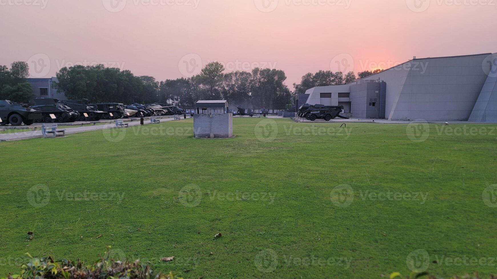 Army equipment using in war are placed in public park for kids in Lahore, Pakistan on May 15, 2024. photo