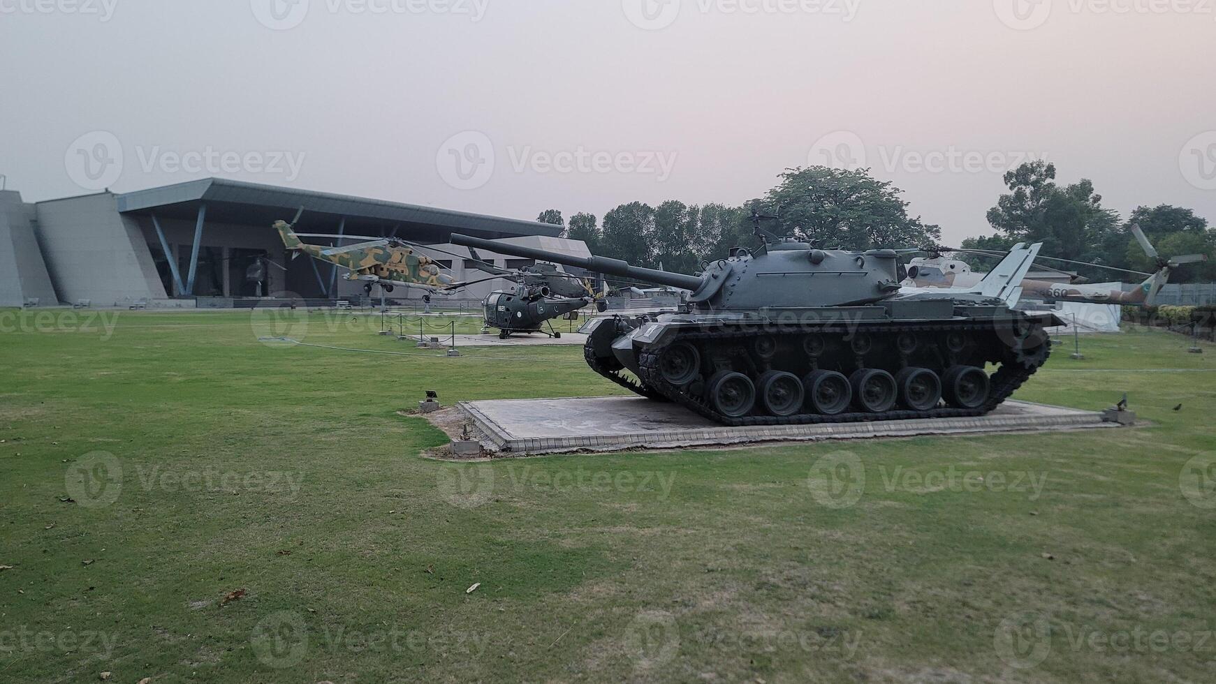 Army equipment using in war are placed in public park for kids in Lahore, Pakistan on May 15, 2024. photo
