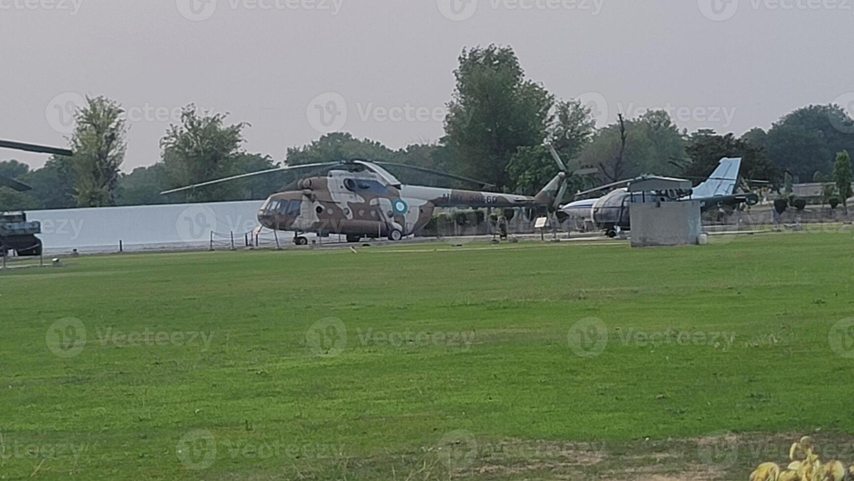 Army equipment using in war are placed in public park for kids in Lahore, Pakistan on May 15, 2024. photo