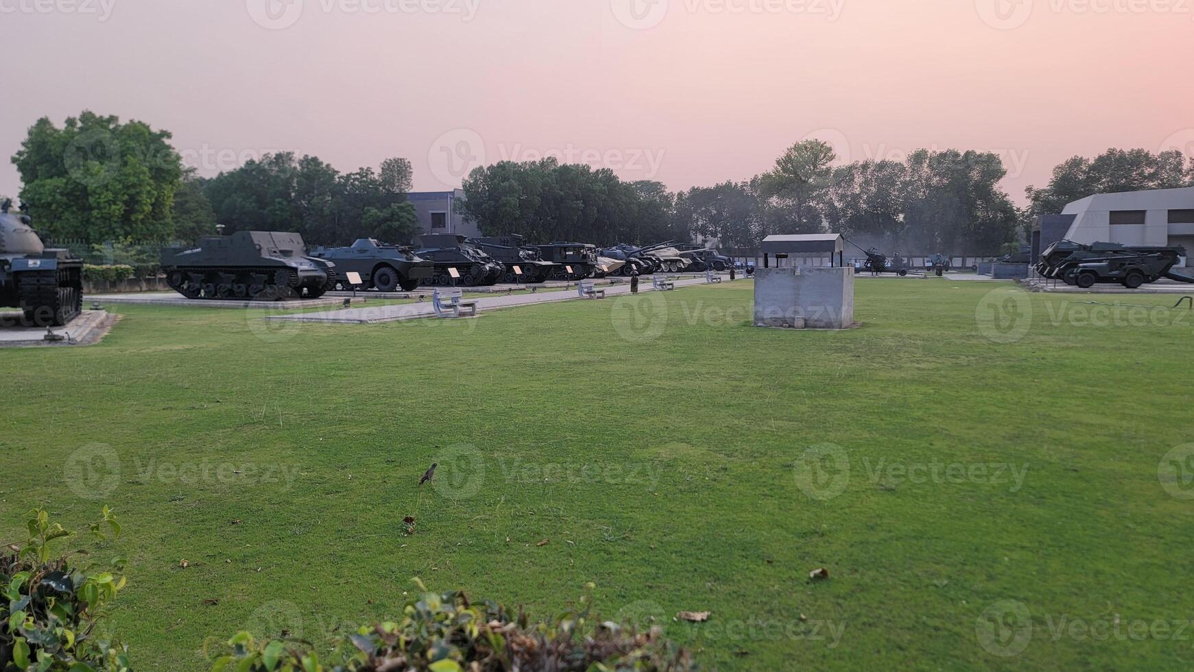Army equipment using in war are placed in public park for kids in Lahore, Pakistan on May 15, 2024. photo