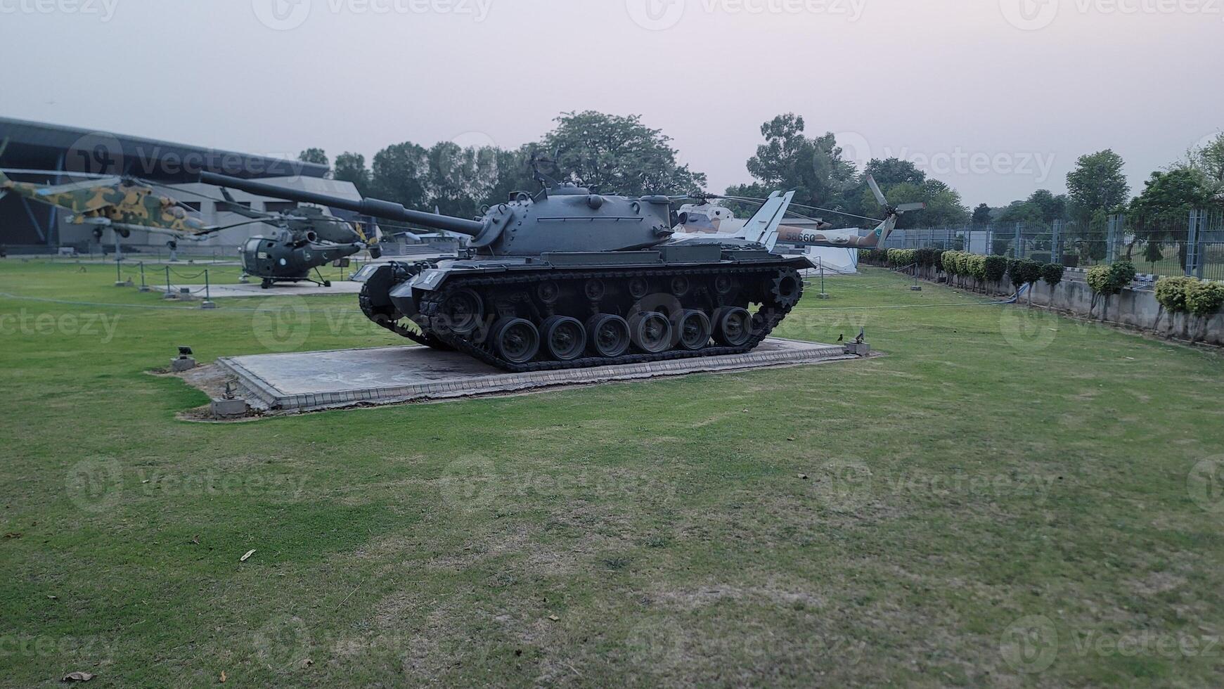 Army equipment using in war are placed in public park for kids in Lahore, Pakistan on May 15, 2024. photo