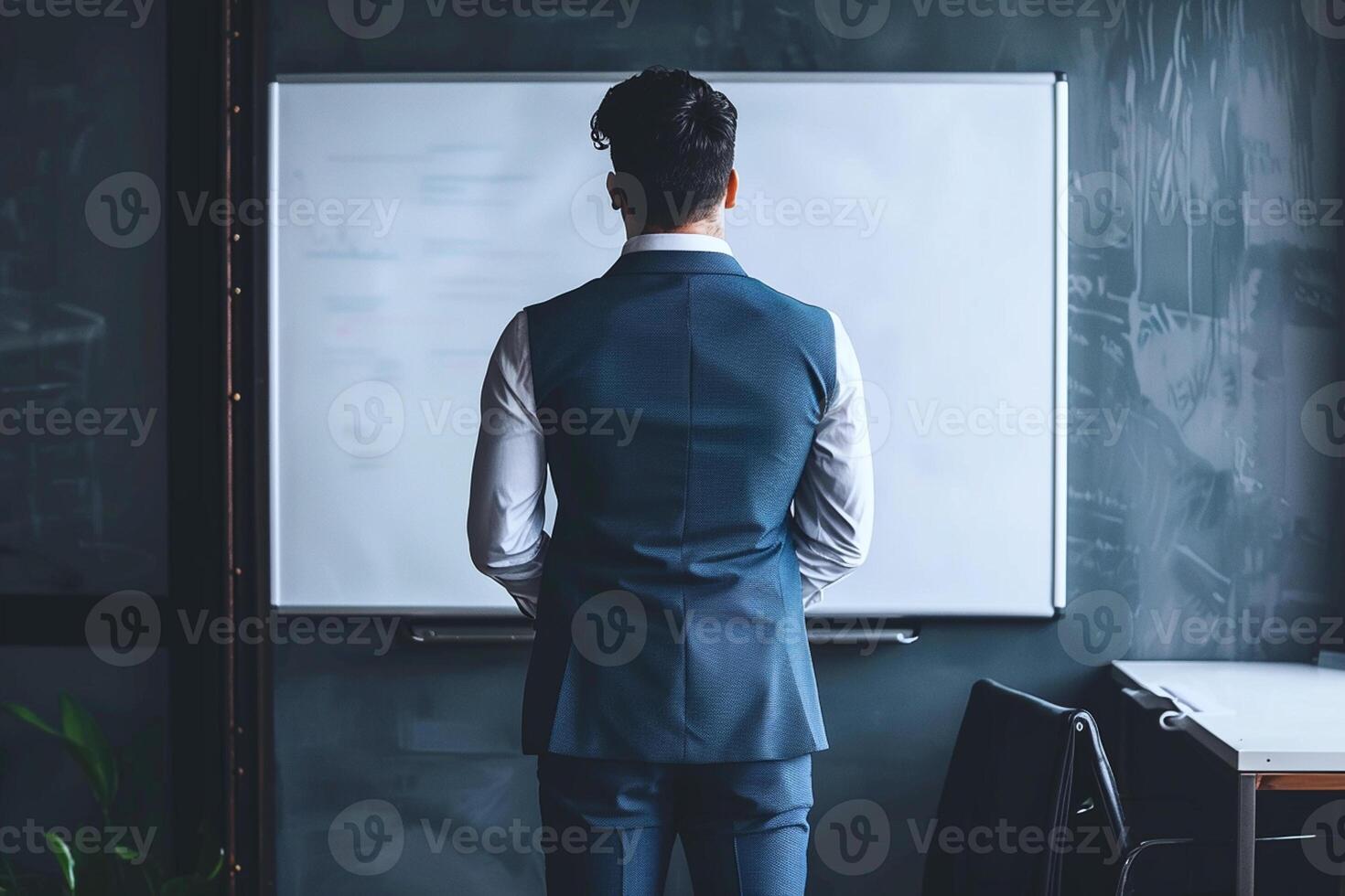 Deep in thought, the businessman stands pondering his business strategy, with the walls of his office adorned with sheets of paper outlining his plans, Generated AI photo