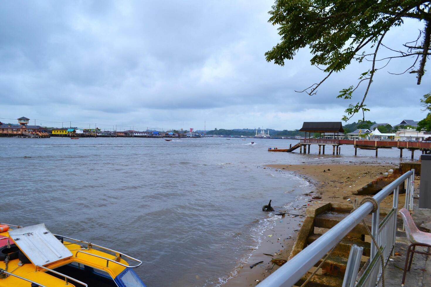 View of the Borneo river and a rest stop photo