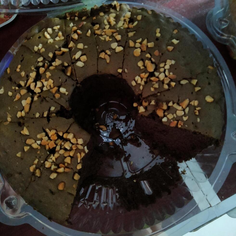 Closeup of chocolate sponge cake topped with peanuts photo