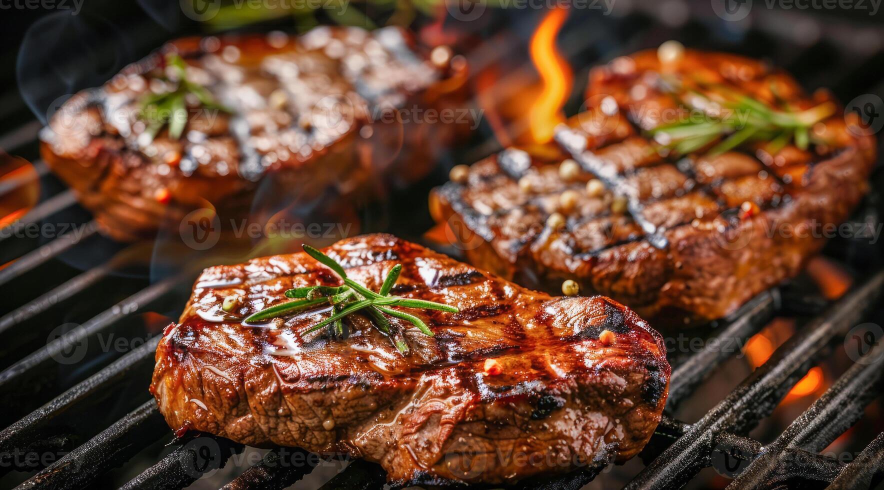 Delicious juicy beef steak is being grilled on a hot grill with flames and smoke surrounding it photo