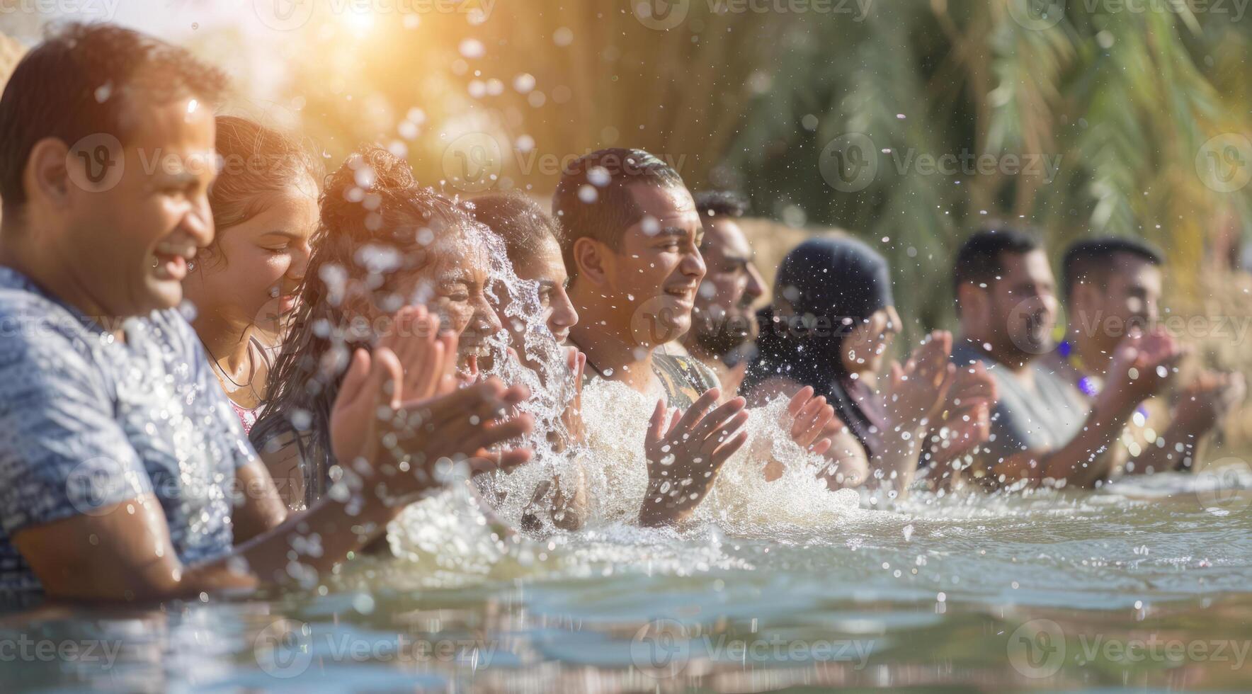 People being baptized in Jordan River in Israel in Baptist ceremony photo