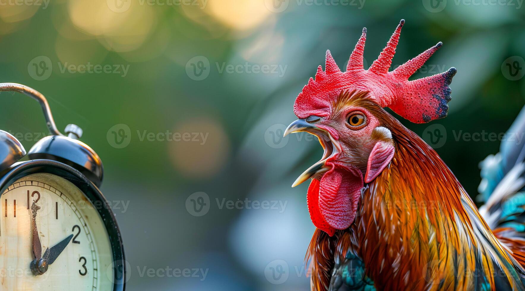 A rooster is standing in front of a clock with its beak open. Concept of a loud alarm clock photo