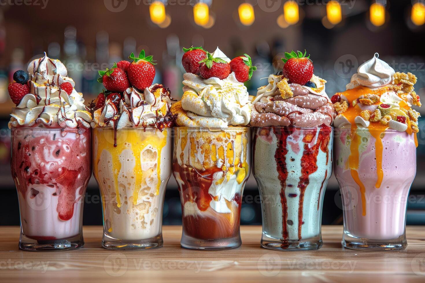 Various milkshakes with cream on a counter professional advertising food photography photo