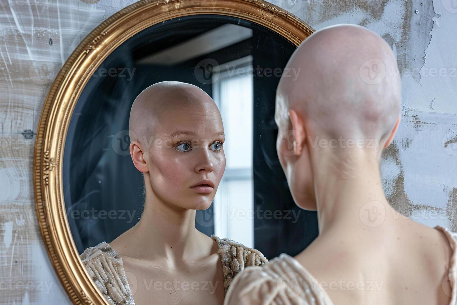 mujer con cáncer mirando en espejo foto