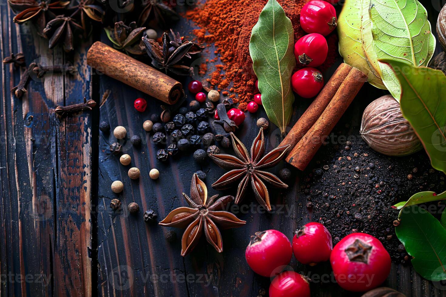 Various oriental herb like star anise, black pepper, cinnamon, bay leaf on wooden table photo