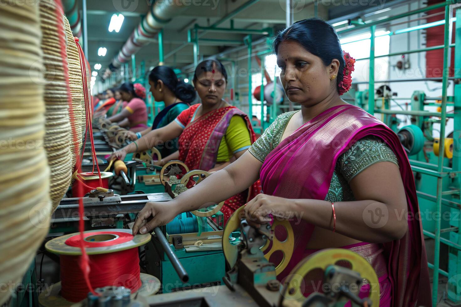 Group of indian woman working in textile factory photo