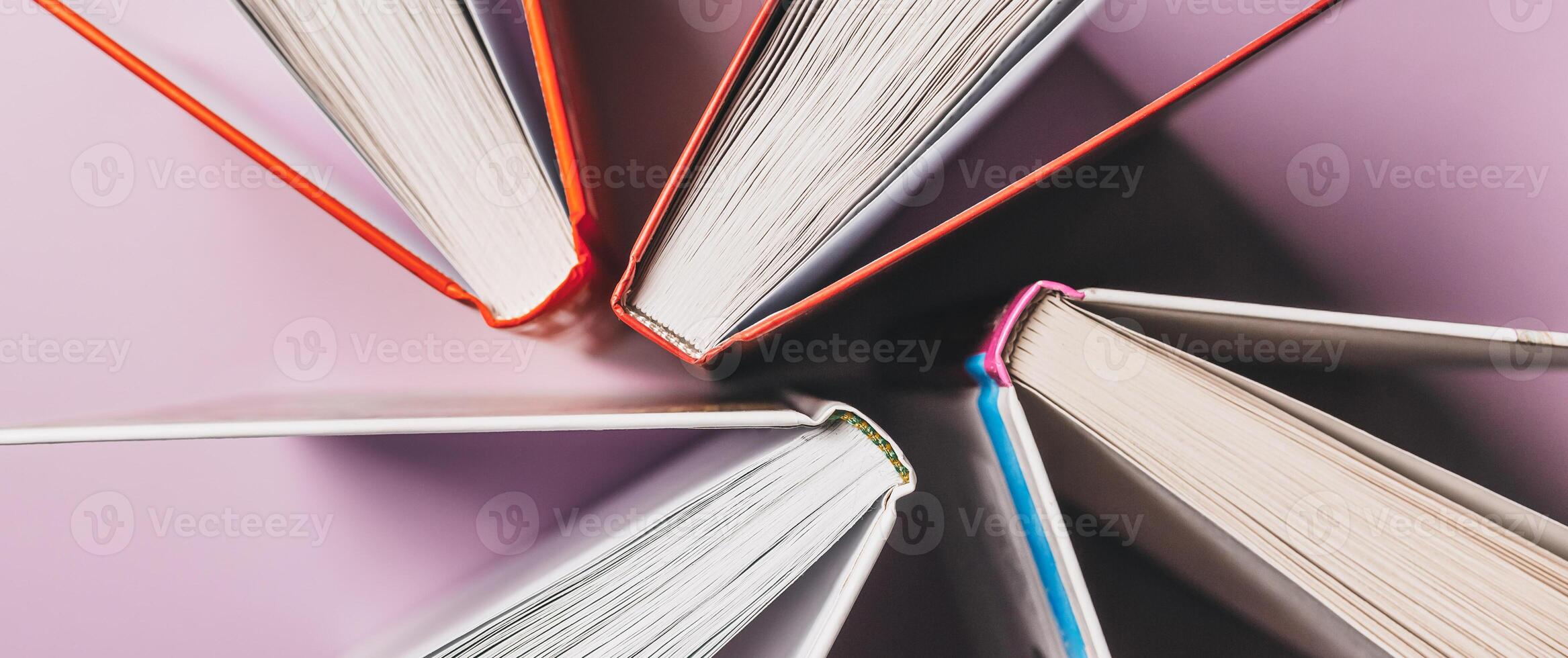 Open books on a pink background. Mock up with education and reading concept. Literature for learning, development and joy photo