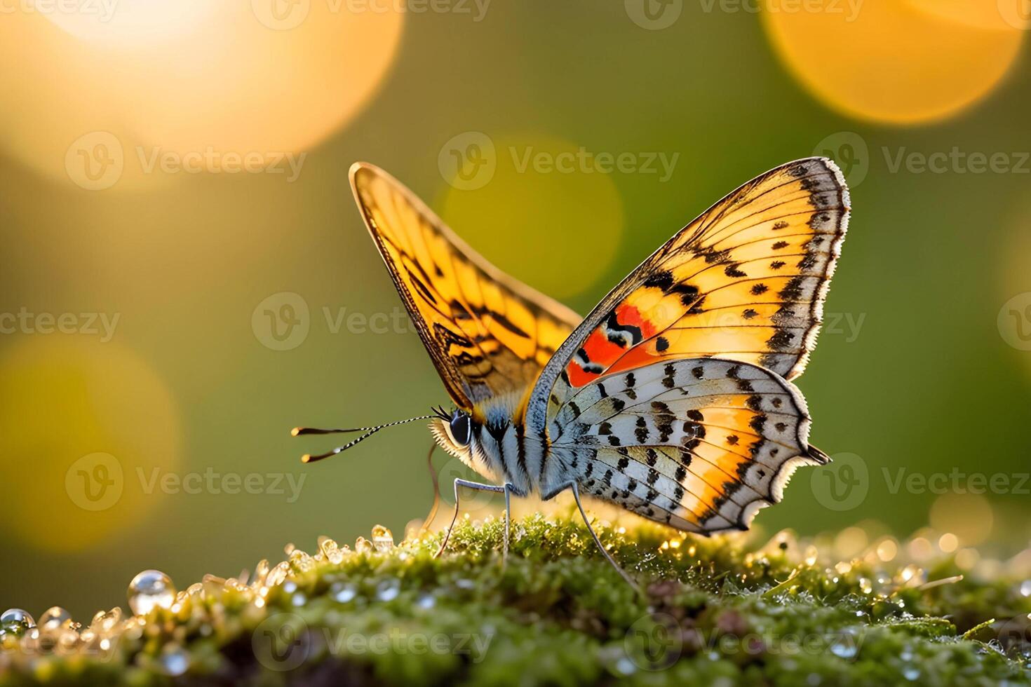 Butterfly on green moss with sunlight and bokeh background with sunshine photo