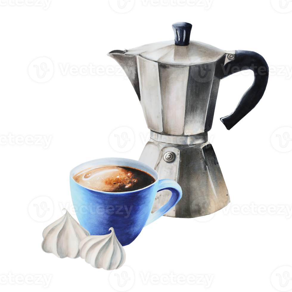 Geyser coffee maker, porcelain cup with americano coffee. Crispy meringues. Hand painting watercolor illustration isolated on background. For designers, menu, shop, bar, bistro, restaurant, for post png