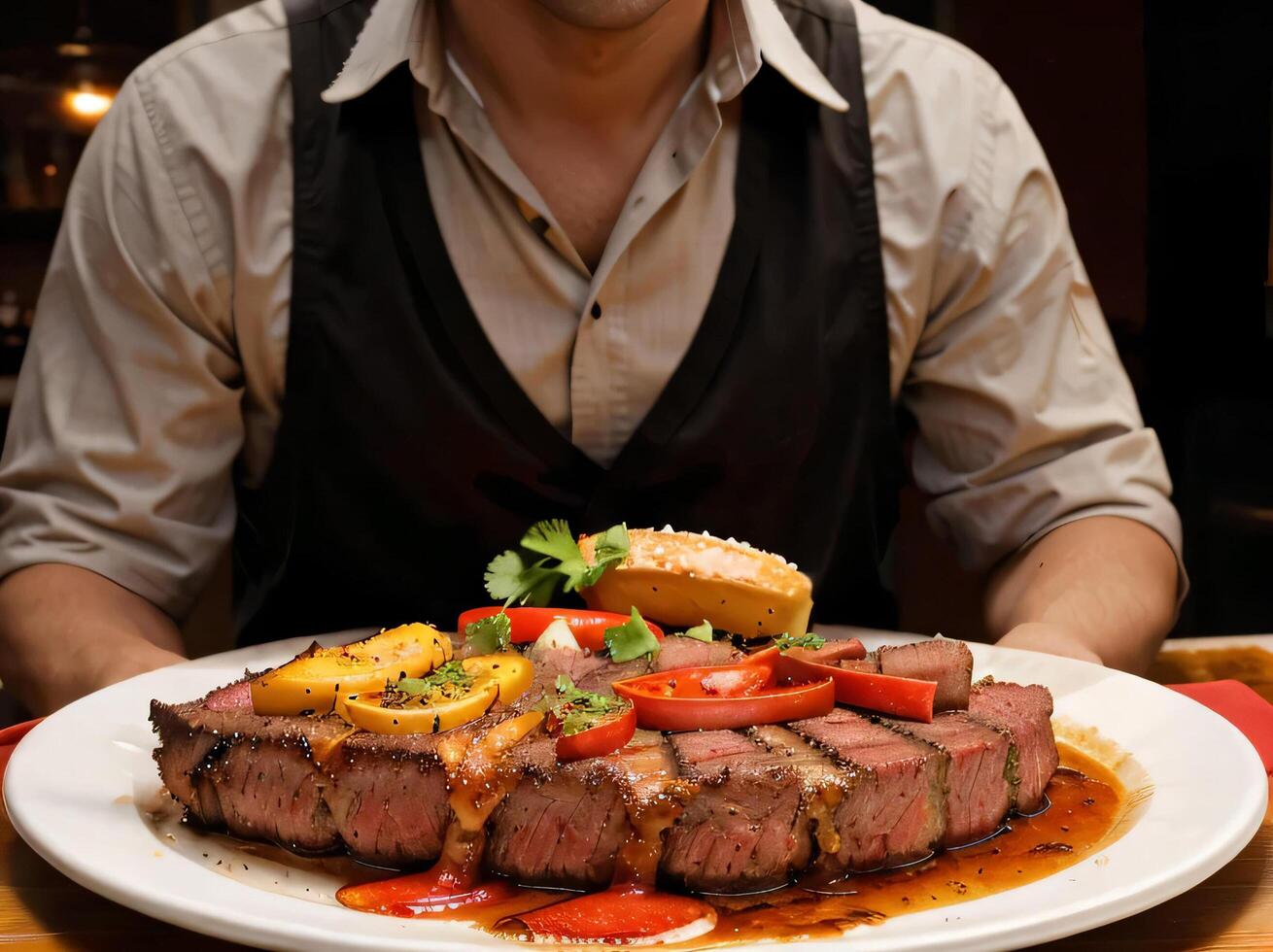 a close-up of a cooked steak sliced and plated with garnishes photo